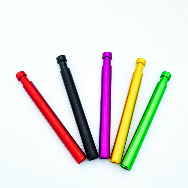 Five self cleaning metal one hitter in diferent colors (red, black, purple, yellow and green) on a white background